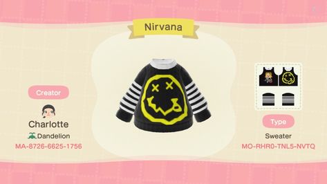 nirvana smiley face logo on a tee in acnh Animal Crossing Y2k Clothes Codes, Acnh Grunge Outfits Codes, Animal Crossing Grunge Island, Grunge Acnh Codes, Acnh Punk Outfits, Grunge Animal Crossing Island, Grunge Acnh Clothes, Acnh Clothes Design Id Grunge, Grunge Animal Crossing Outfits