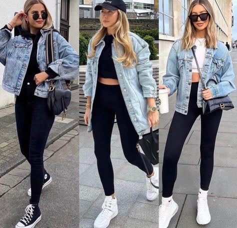 Los Angeles Outfits Spring, Errands Outfit Summer, Comfortable Travel Outfit, Leggings Outfit Casual, Ny Outfits, Errands Outfit, Shopping Link, Classy Winter Outfits, Denim Jacket Outfit