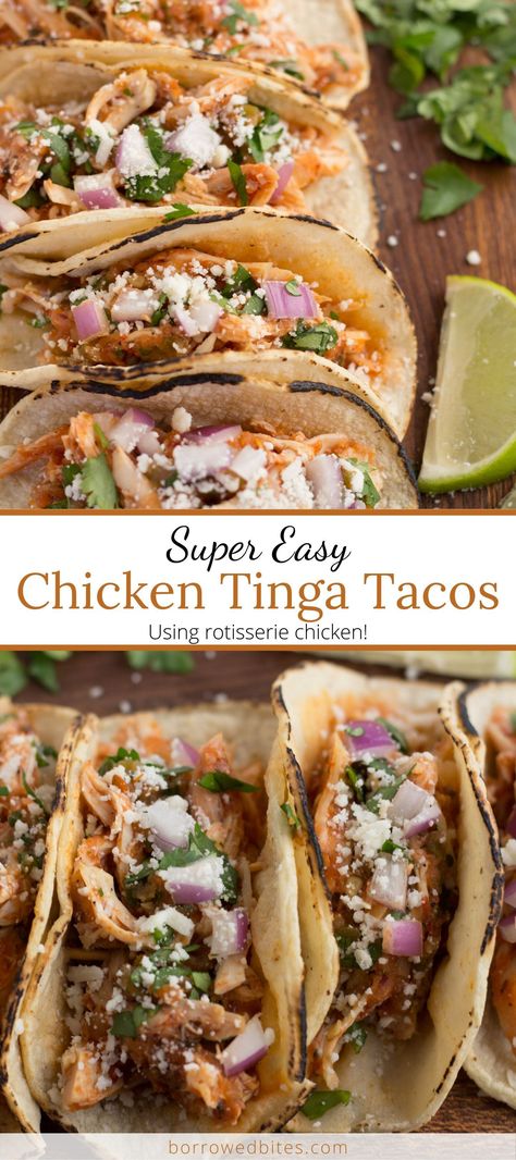 Tacos With Rotisserie Chicken, Chicken Tinga Tacos Recipe, Chicken Tinga Tacos, Using Rotisserie Chicken, Tinga Tacos, Rotisserie Chicken Tacos, Chicken Tinga, Fast Snack, Fast Dinners