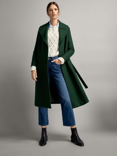 Green belted coat Green Coat Outfit Winter, Green Coat Outfit, Coat Outfits For Women, Green Jacket Outfit, Dark Green Coat, Long Green Coat, Black Skirt Outfits, Green Wool Coat, Winter Coat Outfits