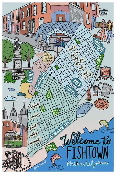 Map of Fishtown, Philadelphia Fishtown Philadelphia, Philadelphia Neighborhoods, Philadelphia Map, House Map, See Images, Pennsylvania, Park City, Map Art, Philadelphia