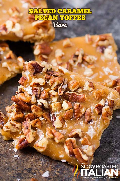 http://www.theslowroasteditalian.com/2017/12/salted-caramel-pecan-toffee-bars.html Pecan Toffee Bars, Toffee Bars Recipe, Pecan Toffee, Easy Toffee, Brittle Recipes, Toffee Recipe, The Slow Roasted Italian, Toffee Bars, Homemade Caramel Sauce