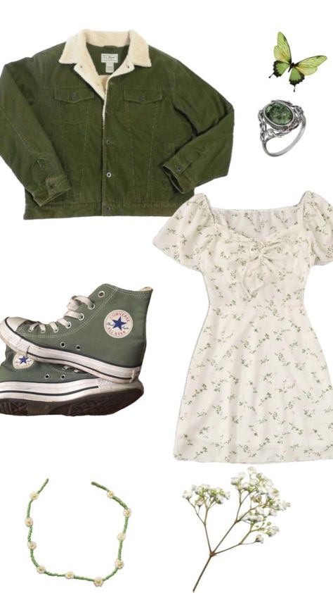 Natashacore Outfits, Cute Cottagecore Outfits Summer, Cottagecore Outfit For School, 2000s Outfit Layout, Downtown Cottagecore Outfits, Fairy Aesthetic Clothes Casual, The Neighbourhood Inspired Outfits, Cottagecore Aesthetic Fashion Casual, Green Cottagecore Aesthetic Outfit