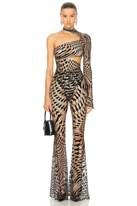 Mugler Wide Leg Pant in Black & Nude 01 | FWRD Mugler Bodysuit, One Shoulder Bodysuit, Women Dresses Classy, Body Suit Outfits, Leopard Fashion, Fashion Illustration Dresses, Exclusive Clothing, Futuristic Fashion, Wide Leg Pant