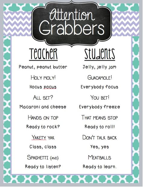 I love using fun sayings and jingles with my students to get their attention.  It keeps me from sounding... Teaching Classroom Management, Attention Grabbers, Classroom Procedures, Classroom Behavior Management, Classroom Organisation, 2nd Grade Classroom, Classroom Behavior, Classroom Fun, Future Classroom