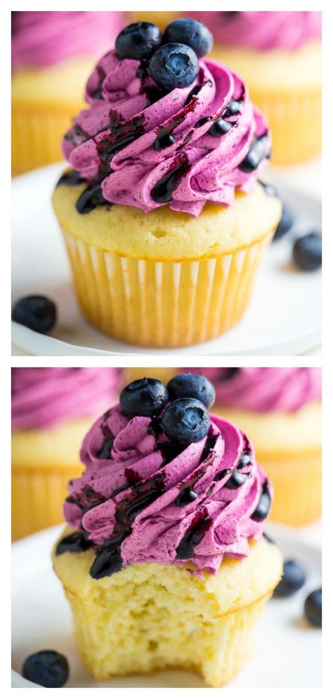 Lemon Cupcakes with Fresh Blueberry Buttercream - Baker by Nature Blueberry Buttercream, Blueberry Frosting, Baker By Nature, Blueberry Cupcakes, Summer Baking, Cupcakes Recipes, Salty Cake, Lemon Cupcakes, Easy Cupcakes