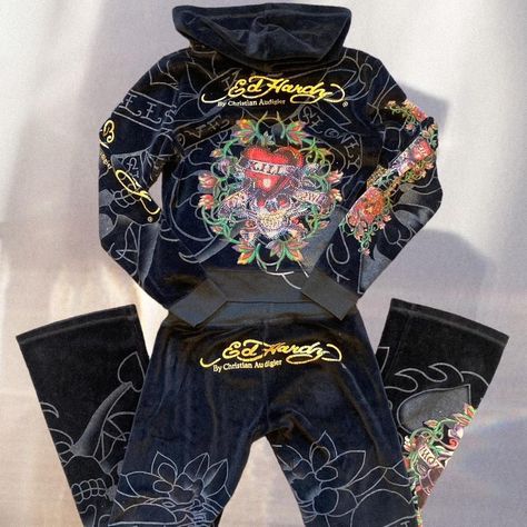 Ed Hardy tracksuit. So bloody Sick!! Size... - Depop Ed Hardy Sweatsuit, 2000 Tracksuit, Ed Hardy Tracksuit, Ed Hardy Aesthetic, Tracksuit 2000s, 00s Grunge, Trashy Mcbling, Edhardy Y2k, Fly Fits