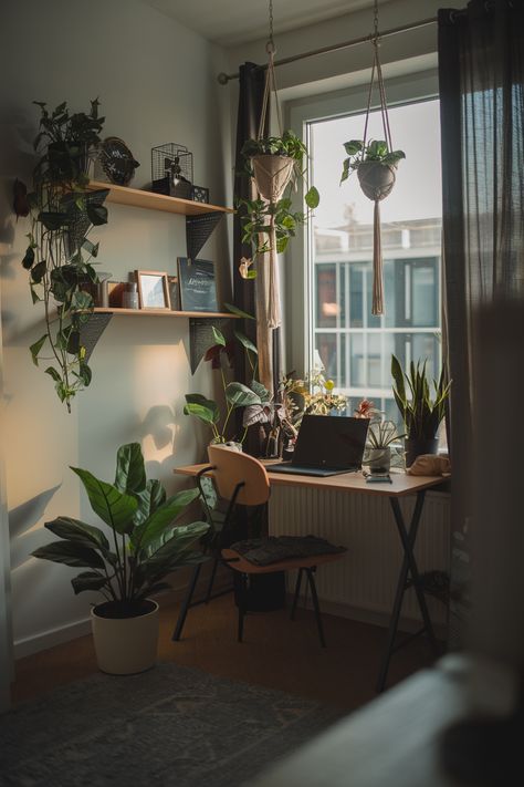 Window Desk with Greenery and 34 More Nature-Inspired Ideas Home Office Hanging Plants, Office Plant Room Ideas, Small Desk By Window, Small Desk Setup Ideas, Living Room With Desk, Desk By Window, Small Office Setup, Desk Under Window, Home Office With Plants