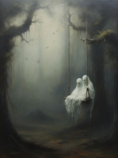 An oil painting of two ghosts on a swing. Images Terrifiantes, Halloween Artwork, Printables Free, Halloween Wall Art, Halloween Painting, Beautiful Dark Art, Scary Art, Creepy Art, Vintage Oil Painting