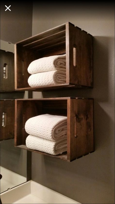 Wooden crate used as towel storage in bathroom! Towel Storage In Bathroom, Storage In Bathroom, Ikea Laundry Room, Small Wooden Crates, Bathroom Towel Storage, Bathroom Organizers, Diy Wooden Crate, Small Bathroom Diy, Chic Bathroom