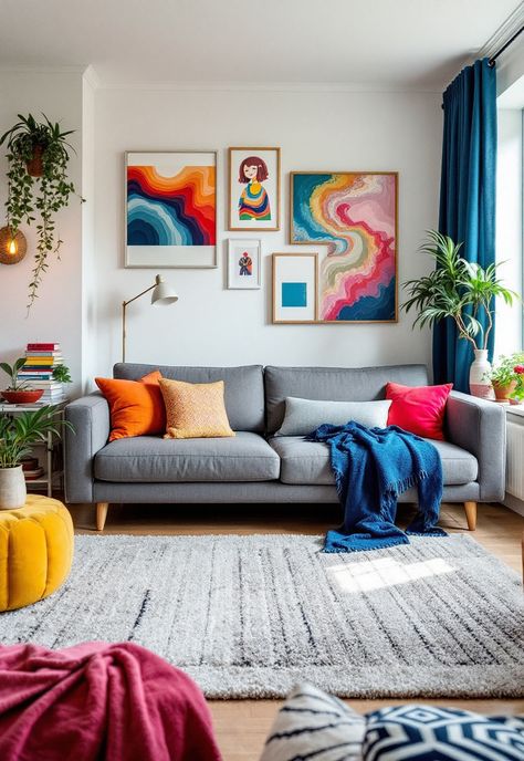 Grey Couch Living Room Eclectic Grey Couch, Grey Couch Colourful Living Room, Grey Colorful Living Room, Colorful Living Room Grey Couch, Gray Living Room With Pop Of Color, Light Gray Sofa Living Room Decor, Grey Living Room Ideas With Pop Of Color, Living Room Designs Grey Couch, Bright Couch