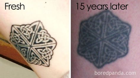 Thinking Of Getting A Tattoo? These 10+ Pics Reveal How Tattoos Age Over Time Tattoo Before And After, Old Tattoos Faded, Fresh Vs Healed Tattoo, Faded Tattoos Before And After, Aged Tattoos Before And After, Tattoos After Years, Aged Tattoo, Tattoo Aging, Blue Tattoos