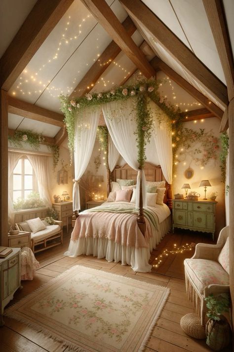 Cottagecore Loft Bed, Fairytale Room Ideas, Fairy Garden Room Ideas Bedrooms, Fairytale Room Aesthetic, Fairytale Room Decor, Cottage Core Aesthetic Bedroom, Cottage Core Bedroom Ideas, Fairy Garden Bedroom, Four Poster Bedroom