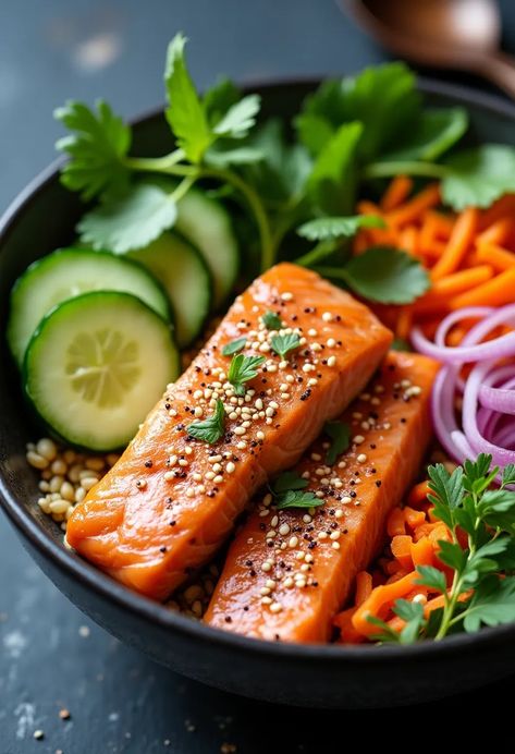 Dive into the colorful world of fusion cuisine with this vibrant Grilled Salmon Veggie Bowl. Topped with fresh herbs and sesame seeds, this bowl brims with grilled salmon, crisp vegetables like cucumber, carrots, and red onion, all over a bed of leafy greens. Perfect for any meal, this dish is not only visually appealing but also packed with flavor and nutrition. A wholesome option for a quick lunch or dinner! Soups Recipes, Veggie Bowl, Quick Lunch, Colorful World, Quick Lunches, Grilled Salmon, Leafy Greens, Sesame Seeds, Red Onion