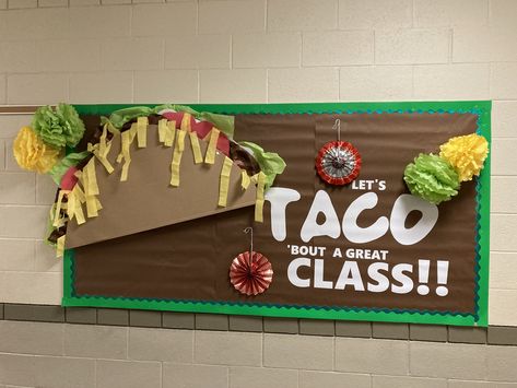 Taco ‘bout a fun class bulletin board elementary class Taco Theme Bulletin Board, Taco Bulletin Board Ideas, Fiesta Bulletin Board Ideas, Taco Bulletin Board, Bulletin Board Elementary, Team Bulletin Board, Graduation Bulletin Board, September Bulletin Boards, Count Down To Summer