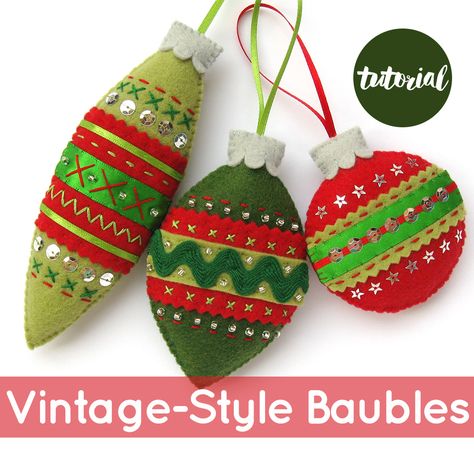 Vintage-style felt Christmas Baubles tutorial by Laura Howard Christmas Decorations Sewing, Diy Felt Christmas Ornaments, Baby Mobil, Felt Crafts Christmas, Tutorial Ideas, Felt Christmas Decorations, Ornament Tutorial, Handmade Christmas Decorations, Felt Christmas Ornaments