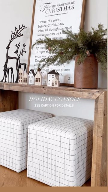 Entryway Table Christmas Decor Ideas, Simple Christmas Village, Christmas Console Table, Modern Christmas Village, Christmas Dining Table Decorations, Dining Table Decorations, Christmas Dining Table Decor, Simple Holiday Decor, Tv Console Table