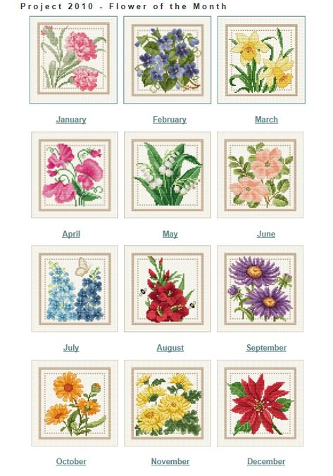 EMS Flower Calendar - Project 2010 (Flower of the Month): free patterns Flower Of The Month Chart, Botany Prints, Flower Of The Month, Unique Cross Stitch, Floral Cross Stitch Pattern, Nature Cross Stitch, Pola Kristik, Beautiful Cross Stitch, Cross Stitch Patterns Flowers