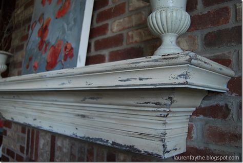 how to: distressed mantle Mantle Redo, Distressed Mantle, Painted Mantle, Distressed Fireplace, Things Paint, Wood Mantle Fireplace, Future Farmhouse, Oak Mantle, White Mantle