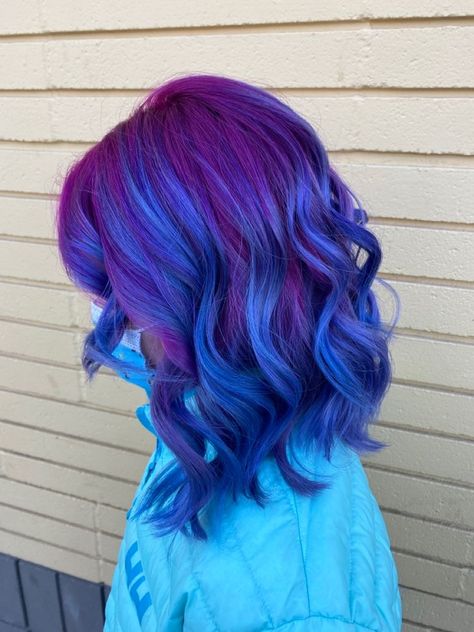 Ombre Hair Purple And Blue, Bright Blue And Purple Hair, Blue Based Purple Hair, Electric Blue And Purple Hair, Purple Into Blue Hair, Blue And Purple Ombre Hair Short, Vivid Colour Hair, Purple And Blue Hair Ombre, Hair Color Ideas Purple And Blue