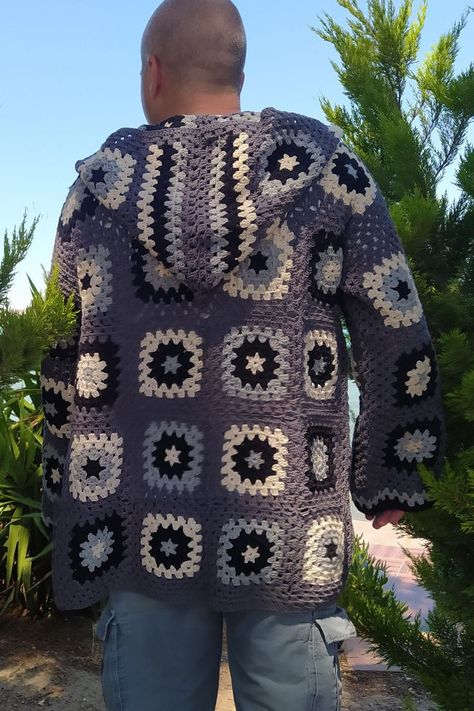 Simple Granny Square Pattern, Simple Granny Square, Patchwork Afghan, Hippie Sweater, Man Coat, Hippie Sweaters, Jacket Patchwork, Granny Square Cardigan, Square Cardigan