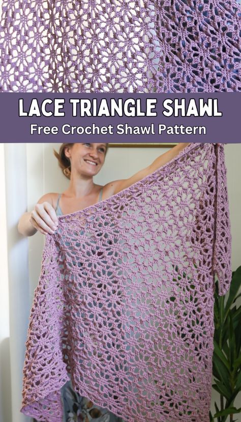 Wear a field of flowers this summer when you crochet this gorgeous lacy wrap! This large triangle shawl can be worn to cover your shoulders or be worn as a transitional piece this fall!  Crochet this Lacy Crochet Shawl Pattern with a Beautiful Flower Motif using a few simple stitches and this free pattern! This Beautiful Lacy Texture is created using chain stitches, single crochet stitches and double crochet stitches in US Terms.  To create this triangle shawl you begin at one corner and work increases on one side of this intricate lace pattern and just watch it grow, this makes it suitable for multiple yarn weights if you do not chose to use the recommended yarn. Happy Crocheting! Delicate Crochet Shawl, Simple Crochet Shawl Pattern, Lightweight Crochet Shawl Free Pattern, Filet Crochet Shawl Patterns Free, Shawl Crochet Pattern Triangle, Crochet Bridal Shawl Pattern, Lacy Crochet Patterns Free, Crochet Pattern For Shawl, Crochet Wearable Patterns