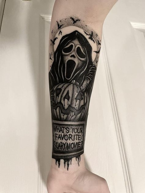 Spooky Tattoo Cover Up Ideas, Ghost Face Forearm Tattoo, Halloween Tattoos Sleeve Horror Movies, Horror Film Tattoo, Spooky Sleeve Tattoo, Ghostface Tattoo Design, Scream Tattoos, Horror Themed Tattoos, Ghost Face Tattoo