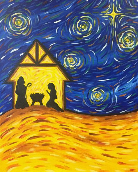 Christmas Art Painting Acrylic Nativity, Starry Night Nativity Scene, Stary Night Christmas, Manger Scene Drawing, Easy Manger Scene Painting, Nativity Painting For Kids, Nativity Scene Art For Kids, Nativity Art Projects, Christmas Paintings Kids