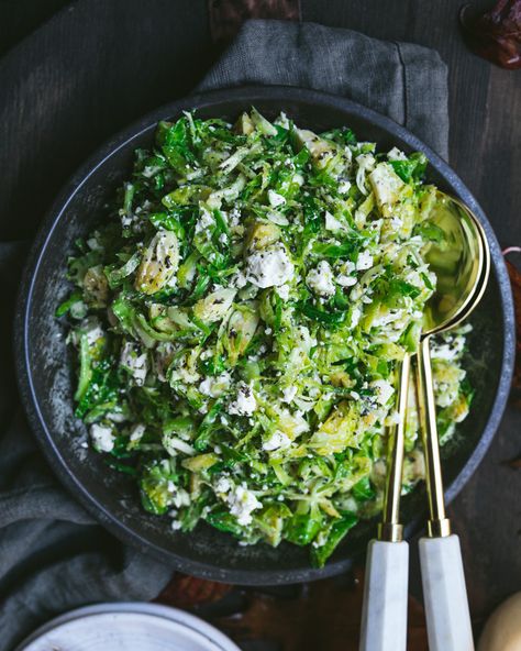 Shaved Brussel Sprout Salad with Feta and Mint - Cosette's Kitchen Lemon Garlic Dressing, Shaved Brussel Sprout Salad, Shaved Brussel Sprouts, Garlic Dressing, Sprout Salad, Salad With Feta, Shredded Brussel Sprouts, Mint Salad, Brussel Sprout Salad