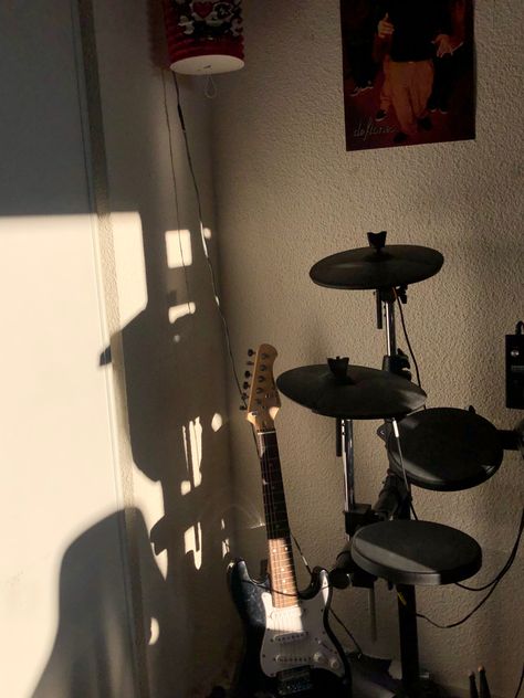 Electric Guitar And Drums Aesthetic, Drums And Electric Guitar, Drum Asthetic Picture, Guitar And Drums Aesthetic, Electric Guitar Bedroom Aesthetic, Guy Playing Drums Aesthetic, Drums Bedroom, Electric Drum Set Aesthetic, Electric Drums Aesthetic