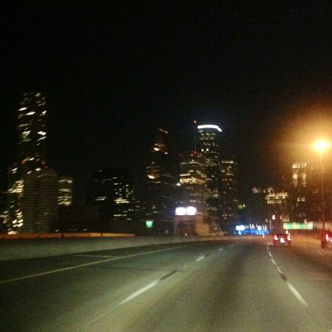 Houston Skyline at night by me going down the highway. High Way Road Night Aesthetic, Citycore Aesthetic, City Roads At Night Aesthetic, Aesthetic Late Night, Late Night City Vibes Aesthetic, Rnb Aesthetic, Car On Highway Night, Usa Aesthetic, Cars On Highway At Night Aesthetic