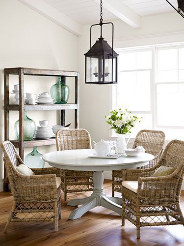 dining area, painted table, wicker chairs, lantern Veranda Design, Dining Room Decorating, Country Living Magazine, White Dining Room, Wicker Chairs, Farm Style, Dining Room Inspiration, House Beautiful, Room Decorating