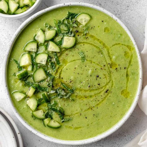 Cold Cucumber Green Gazpacho (Chilled Soup) | Toshi's Table Chilled Cucumber Soup, Cucumber Soup Cold, Green Gazpacho, Cucumber Gazpacho, Cucumber Uses, Refreshing Summer Recipes, Cucumber Soup, Gazpacho Soup, Toasted Crostini