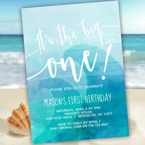 It's the big one! Celebrate your little surfer's 1st birthday with an ocean wave surfing first birthday invitation Surfing First Birthday, Ocean First Birthday, Surf Birthday Party, Surf Birthday, Wave Surfing, Ocean Birthday, 1st Birthday Invitation, The Big One, 1st Birthdays