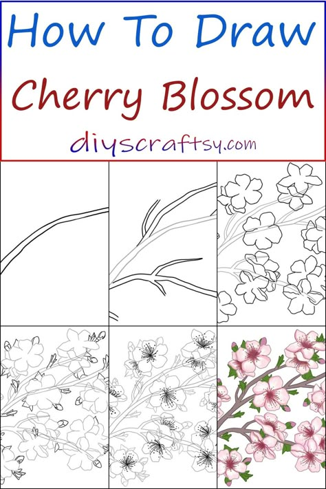 Cherry Blossoms Paintings, Sakura Doodle Flower, Cherry Blossom Tree Branch Drawing, How To Draw Cherry Blossom Flowers, How To Draw A Sakura Tree, Cherry Blossom Tutorial Drawing, How To Paint Japanese Cherry Blossom, Cherry Blossom Outline Drawing, Japanese Cherry Blossom Drawing Simple