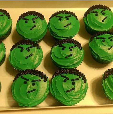 My son's Hulk cupcakes! 2015 Superhero Birthday Cake Homemade, Hulk Party Food Ideas, Hulk Smash Cupcakes, Easy Hulk Cake, Avengers Cupcakes Ideas, Super Hero Cupcakes For Boys, Hulk Smash Party Game, Hulk Cupcakes Ideas, Hulk Cake Ideas