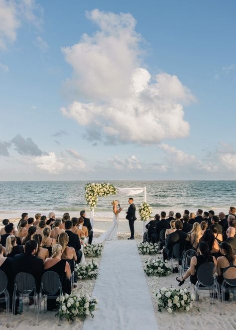 Beach Wedding in Dreams Riviera Cancun Resort & Spa | Cancun and Tulum Wedding Photographer Wedding In Dominican Republic, Cancun Wedding Decor, Black And White Wedding Beach, Dreams Resort Cancun Wedding, Outdoor Beach Wedding Reception, Black And White Beach Wedding, Black Tie Beach Wedding, Black Beach Wedding, Beach Wedding Aisle