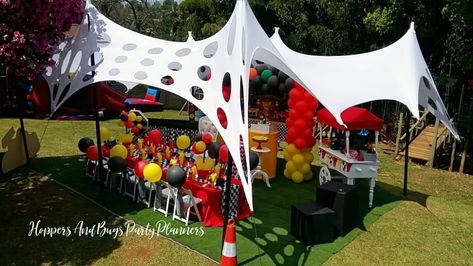 Party set under a stretch tent. Car Themed Party, Stretch Tent, Car Themed Parties, Birthday Decor, Racing Car, Racing Cars, Party Planner, Themed Party, Birthday Decorations