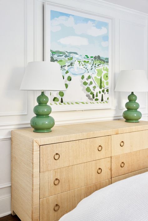 DECORATING PROGRESS IN OUR BEDROOM | Design Darling Classic White Bedroom, Coastal Chic Interior Design, Dresser Green, Framed Wallpaper Panels, Green Lamps, Grand Millenial, Boston House, Dallas House, Green Apartment