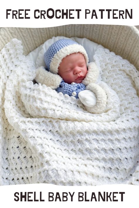 Shell Crochet Baby Blanket (Free Pattern) - Maisie and Ruth Easy Crochet Baby Blanket Free Pattern, Shell Stitch Crochet, Bernat Baby Yarn, Shell Crochet, Baby Afghan Crochet Patterns, Free Baby Blanket Patterns, Baby Boy Crochet Blanket, Crochet Baby Blanket Pattern