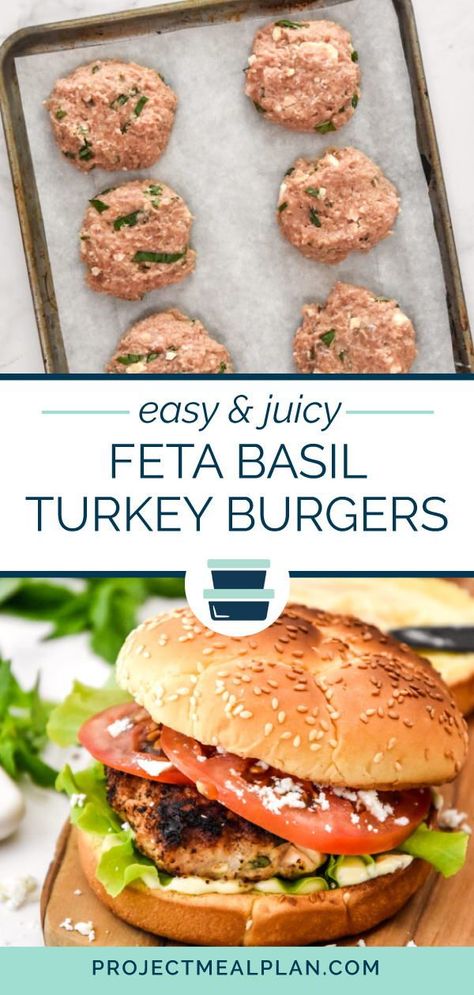 Summer Weeknight Dinners, Turkey Feta Burgers, Ground Turkey Dishes, Homemade Turkey Burgers, Cooked Turkey Recipes, Feta Chicken, Turkey Burger Recipes, Basil Recipes, Turkey Dishes