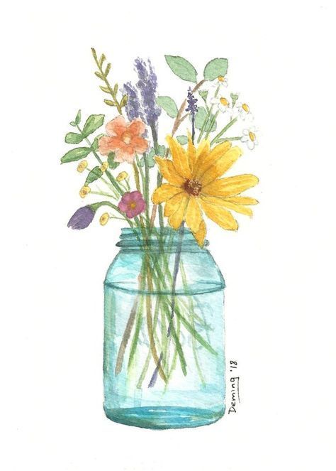 Jar Flowers, Watercolor Art Journal, Ball Jar, Watercolor Water, 수채화 그림, Flowers Watercolor, Plant Drawing, Watercolor Flowers Paintings, Flower Prints Art