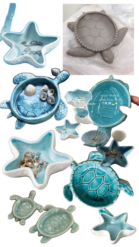 Air Dry Clay Projects Ocean, Ocean Clay Ideas, Sea Turtle Clay, Trinket Ideas, Clay Jewellery Holder, Clay Turtle, Beachy Room Decor, Ceramic Turtle, Ocean Room