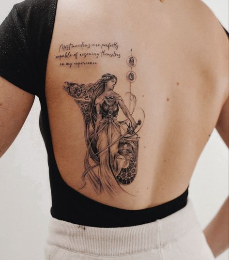 Mythology Tattoos Back, Goddess Inspired Tattoo, Mythology Back Tattoo, Greek Mythology Tattoos Back, Back Tattoo Women Greek Mythology, Greek Women Tattoo, Greek Back Tattoo Women, Greek Mythology Spine Tattoo, Greek Goddess Back Tattoo