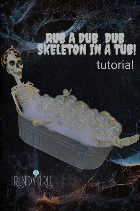 Skeleton In Bathtub With Bubbles Diy, Skeleton In Bathtub With Bubbles, Bubble Bath Trunk Or Treat, Pencil Wreath, Life Size Skeleton, Horse Head Wreath, Old Bathtub, Metal Tub, Halloween Tutorial