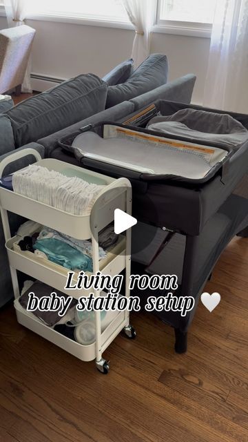 Nicolette ✨ on Instagram: "Get my living room baby station setup with me 😊   #diapercart #diapercartorganization #diapercaddy #diapercaddyessentials #nesting #nestingmommas #nestingmama #nestingmode #39weekspregnant #39weeks #4thtrimester #postpartum #postpartumjourney #newmom #newmomlife #3rdtrimester #3rdtrimesterbelike #momtobe #2ndtimemom #dockatot #spectra #spectrabreastpump #nursingmom #breastfeedingmom #pumpingmom" Nesting Baby Room, Living Room With Newborn, Living Room Newborn Set Up, Shared Room With Baby Parents, Newborn Area In Parents Room, Newborn Living Room Set Up, Nursery In Small Space, Small House Nursery Ideas, Baby Nook In Parents Room