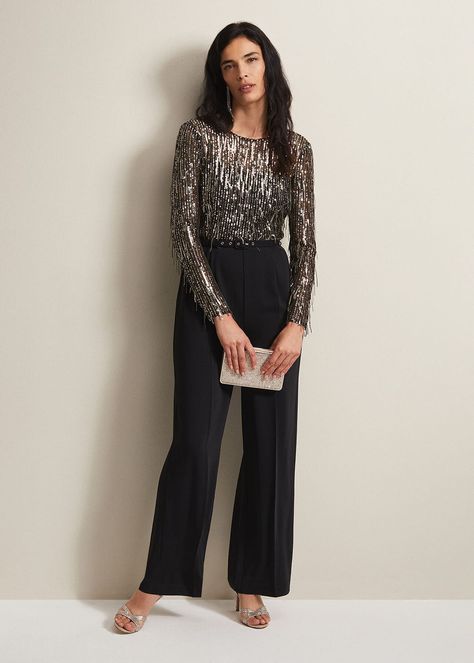 Party Pants Outfit Night Out, Black Semi Formal Outfits For Women, Wedding Guest Outfit Trousers, Pants Party Outfit, Black Tie Dress Code Women, Semi Formal Outfits For Women Parties, Sequin Top Outfit, Formal Outfits For Women Parties, Semi Formal Outfits For Women