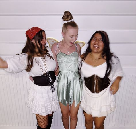 Two pirates and a fairy take on halloween Pirate And Fairy Costume, Trio Pirate Costumes, Pirates Duo Costumes, Bff Halloween Costumes Pirates, Bff Pirate Costumes, Tinkerbell Pirate Fairy, Pirate Fairy Costume, Pirate Dress Up, Pirate Fairy