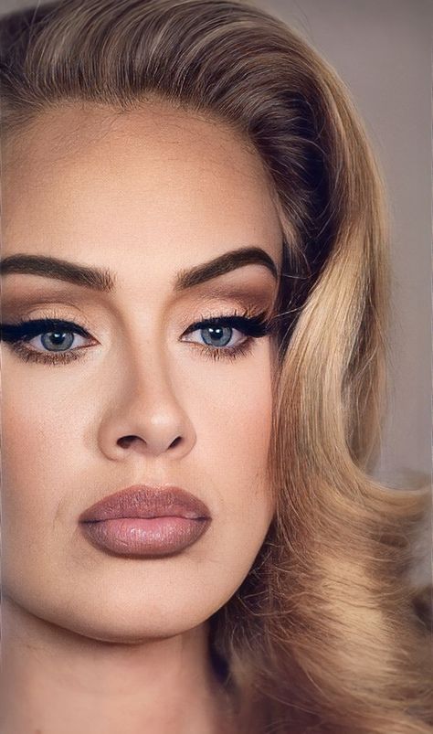 Adel Hair Styles, Adele Hair And Makeup, Raquel Welch Eye Makeup, Adele Make Up Looks, Dolly Parton Inspired Makeup, Adele Inspired Makeup, Makeup Ideas Blue Eyes Blonde, Taylor Swift Hair And Makeup, 60s Glam Makeup