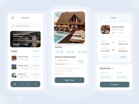 Booking Hotel Mobile app by Excel for Enver Studio on Dribbble Social App Design, Mobile App Inspiration, Ui Developer, Hotel App, Hotel Booking App, Ux App Design, Card Ui, Wireframe Design, App Ideas